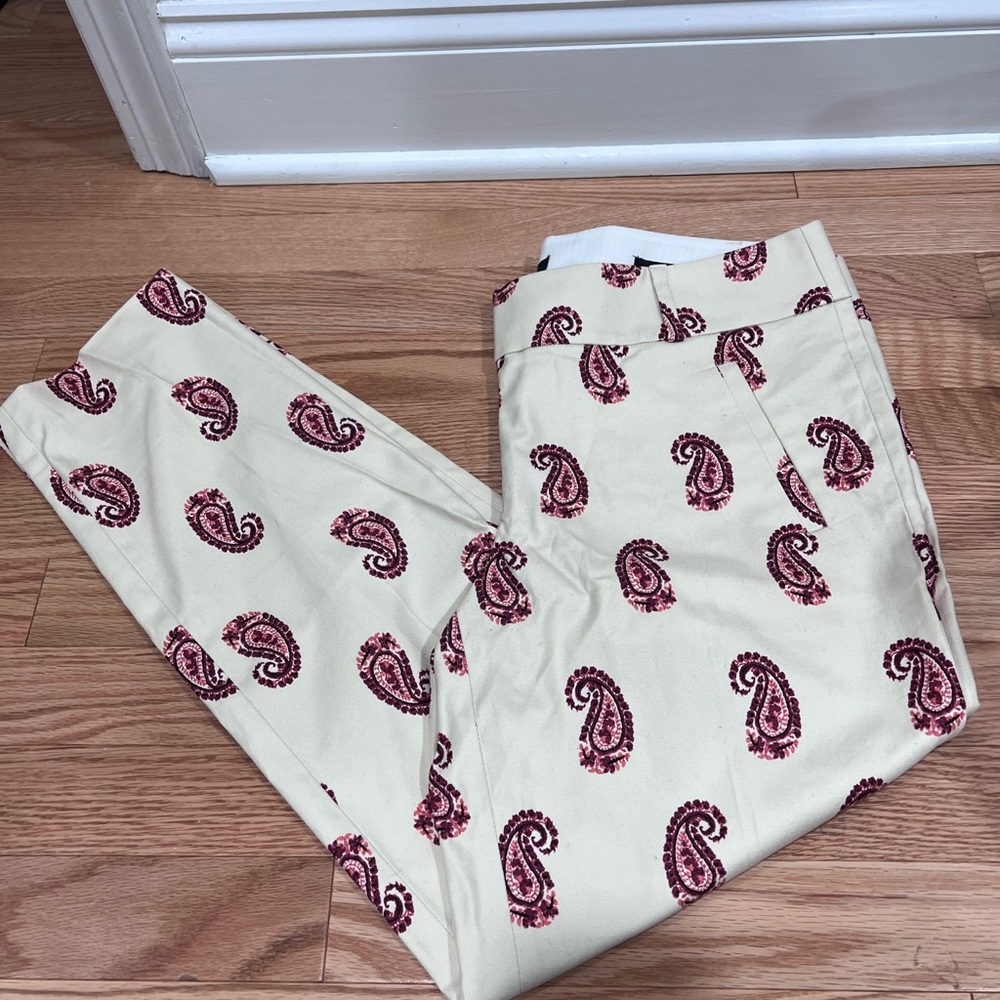 LOFT Cream Pants with Burgundy Paisley Print